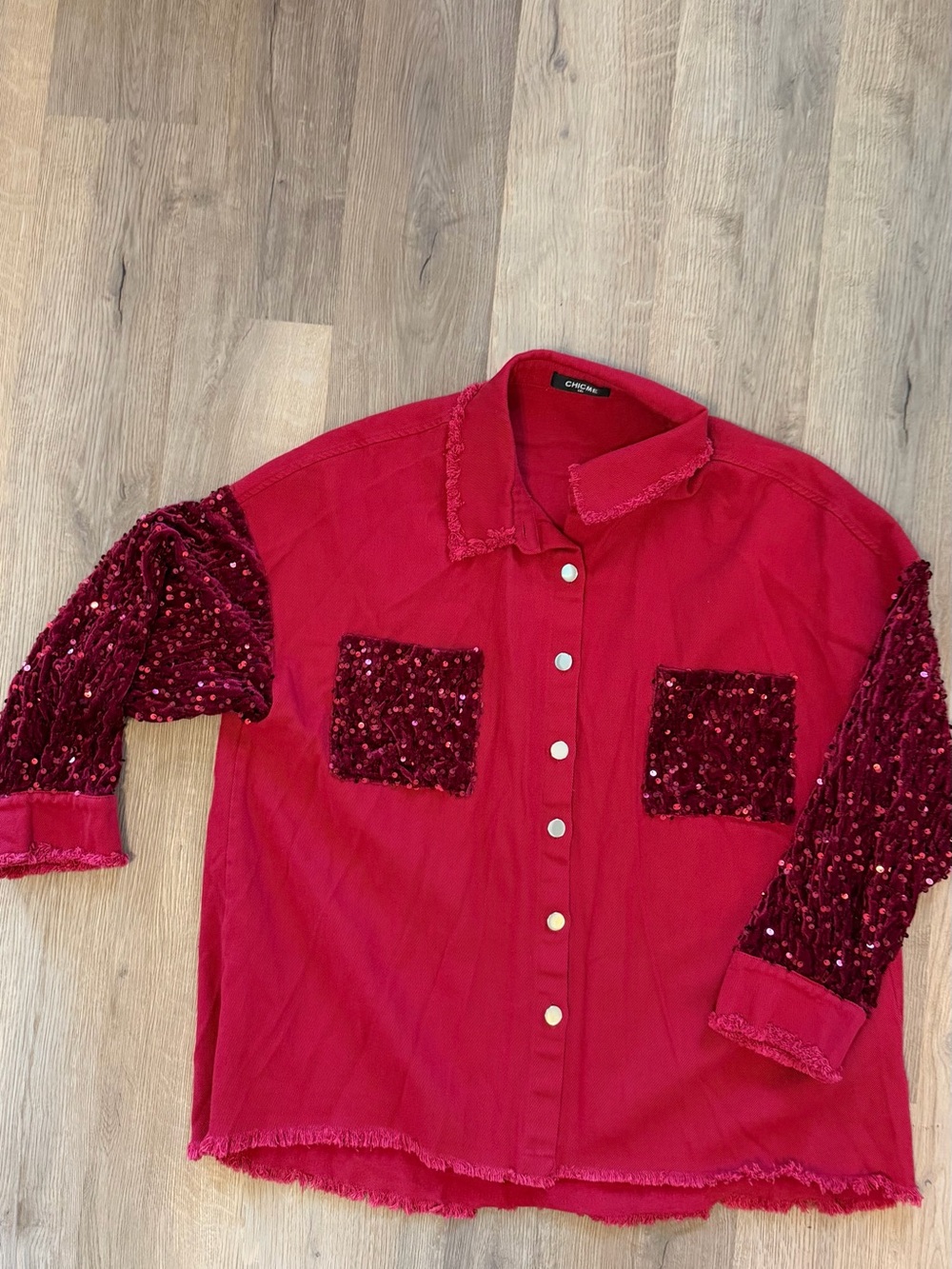CHICME Red Sequin Sleeve Button Front Shacket Top 1XL - Picture 13 of 13